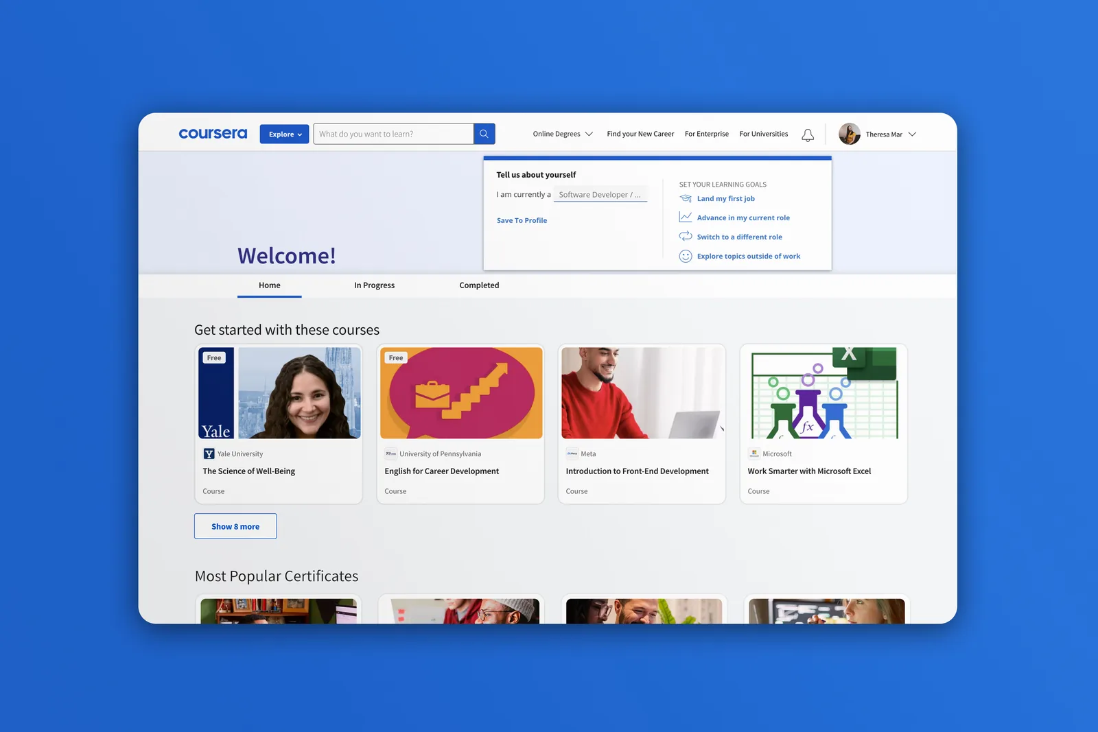 Coursera 학습자 홈: 추천 강좌, 진행 중 학습, 인기 전문 자격증