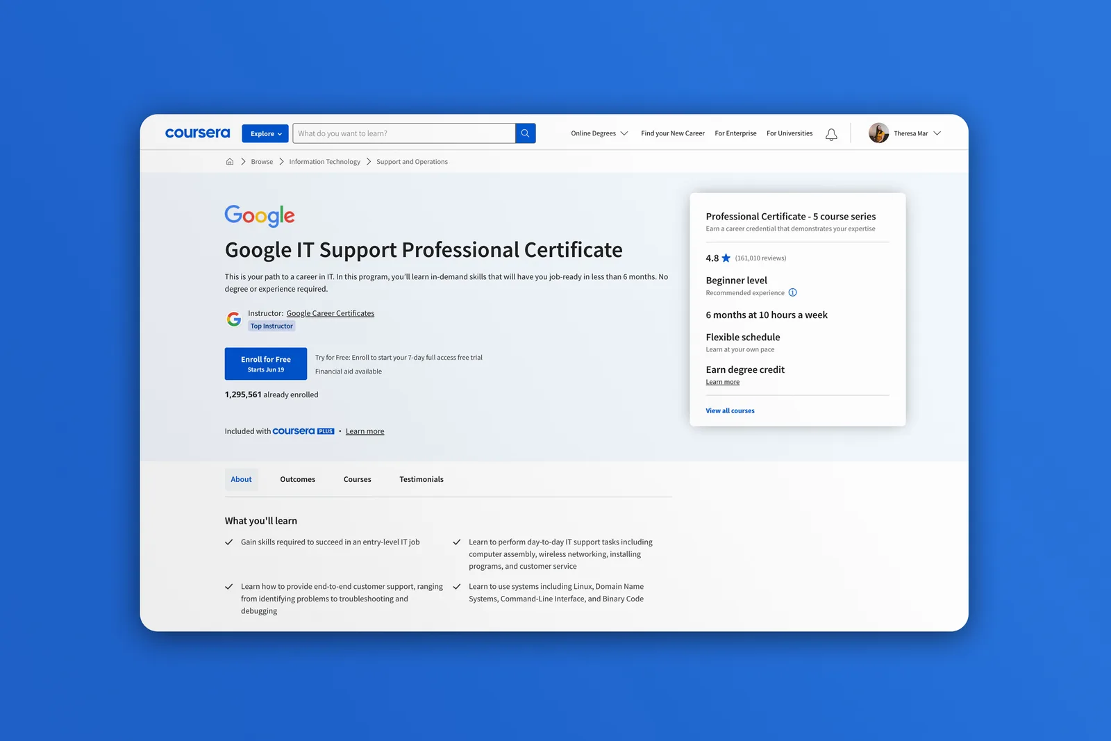 Google IT Support 전문 자격증 프로그램 상세 페이지(커리큘럼·수료 정보)