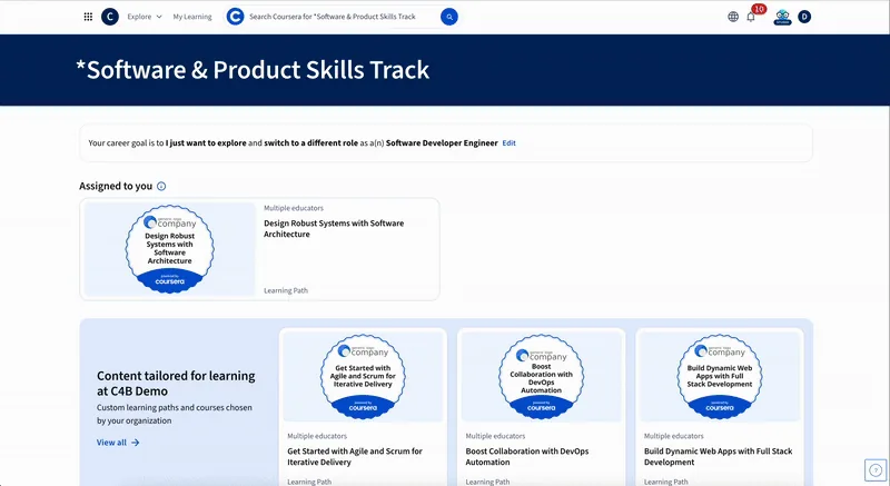 Software & Product Skills Track 학습자 홈: 배정된 스킬과 진행 상태