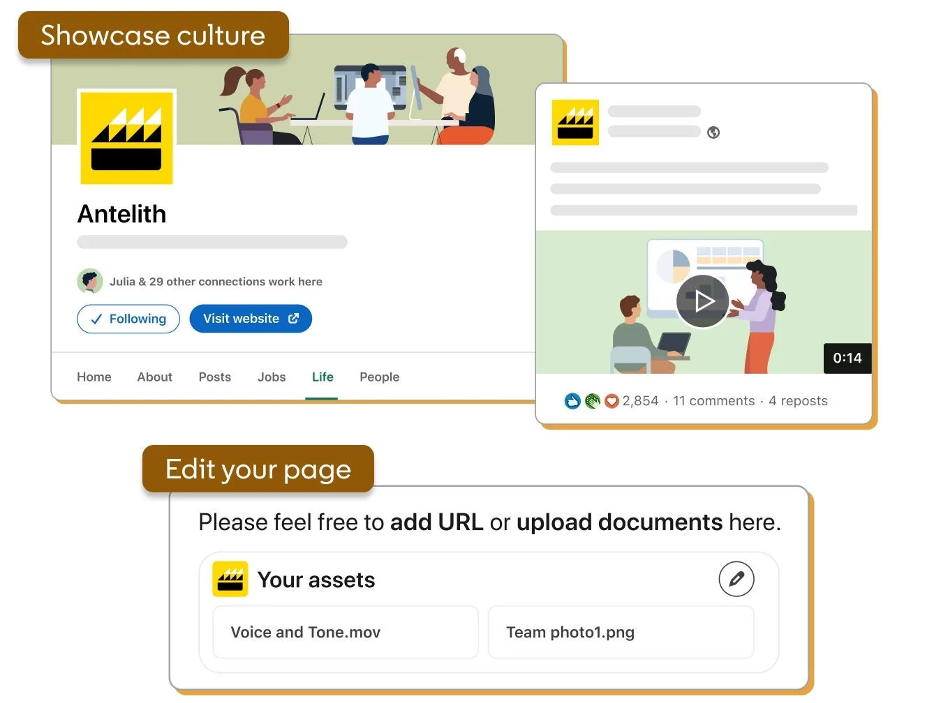 Career Pages Life 탭: 회사 문화 영상·자료 게시