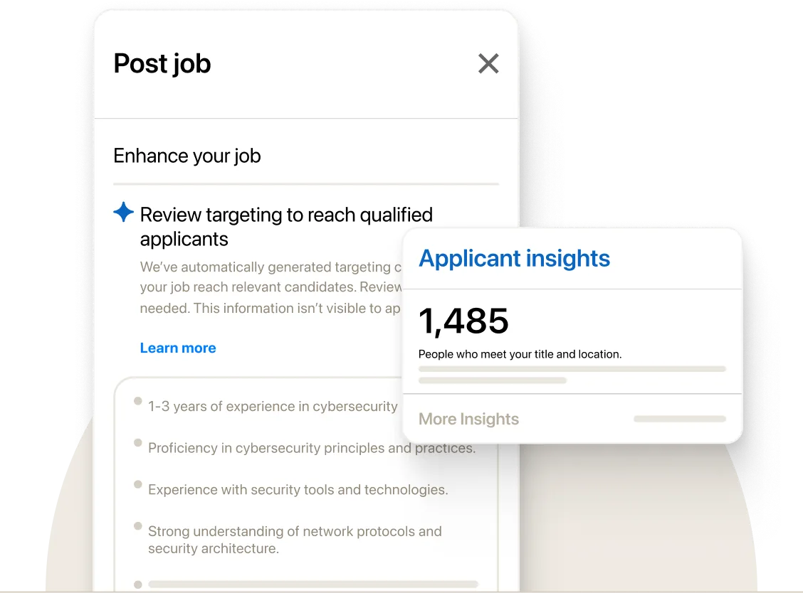 LinkedIn Jobs 공고 등록 화면: AI 자동 타게팅과 Applicant insights