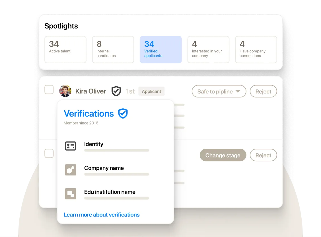 검증(Verifications) 배지가 표시된 지원자 스포트라이트