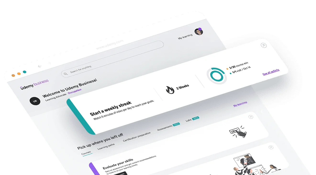 Udemy Business 학습자 화면: 추천 강의와 러닝패스가 한 화면에